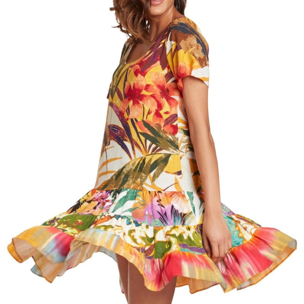 Jams World Womens Hattie Dress Tiered Ruffle Hem Floral Tropical Size small